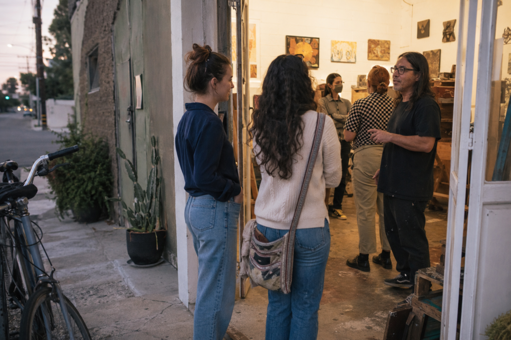 Two friends discovering a small neighborhood artist studio during an evening art walk.