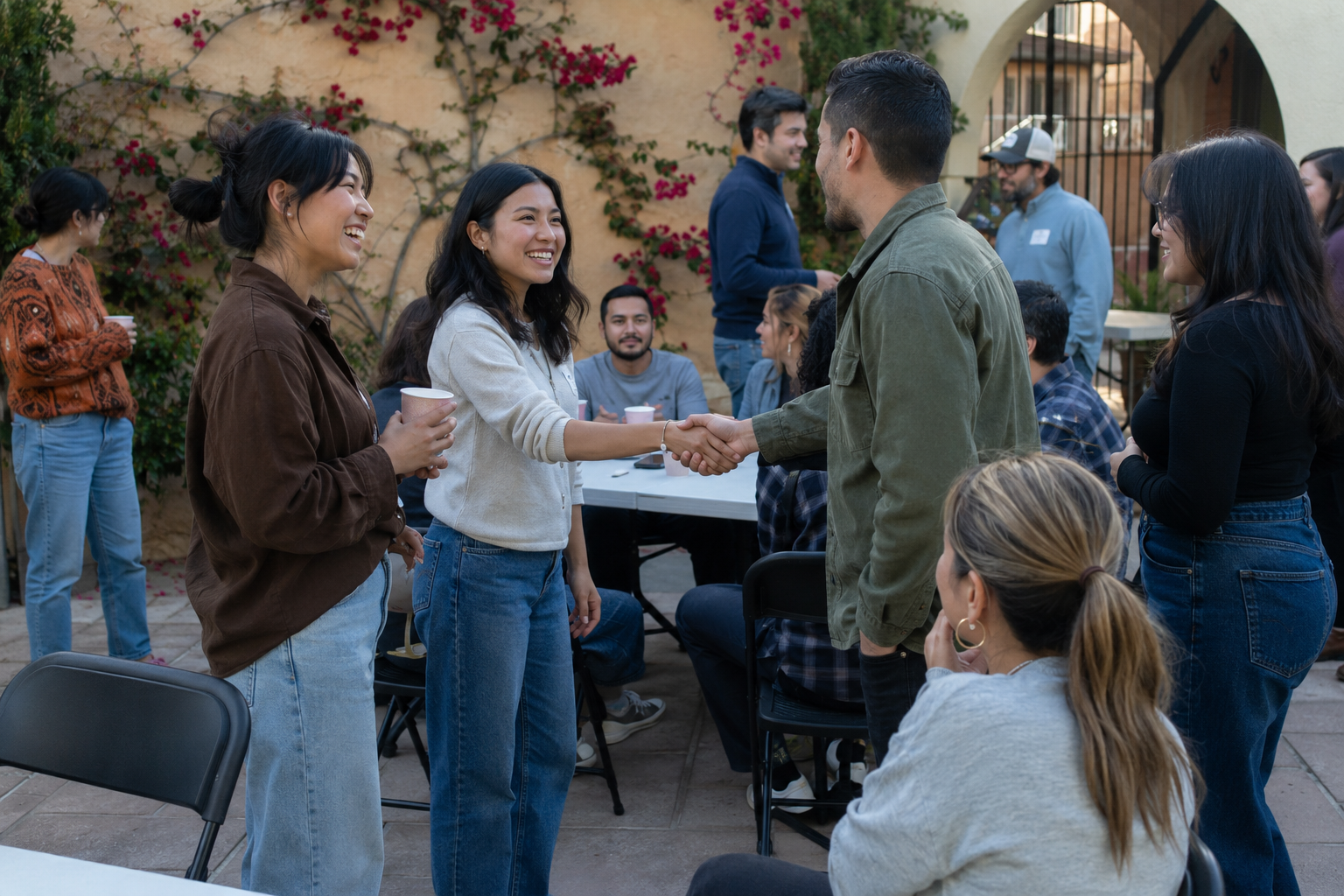 Adults meeting and talking at a casual outdoor community gathering in Los Angeles.
