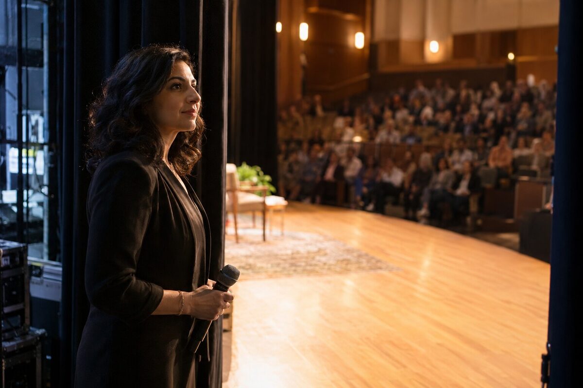 Woman host taking a steadying breath backstage before speaking to an audience