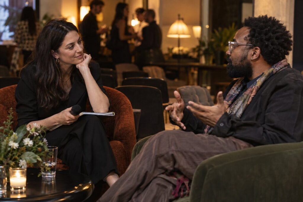 Interviewer listening closely as a guest answers during an intimate cultural event