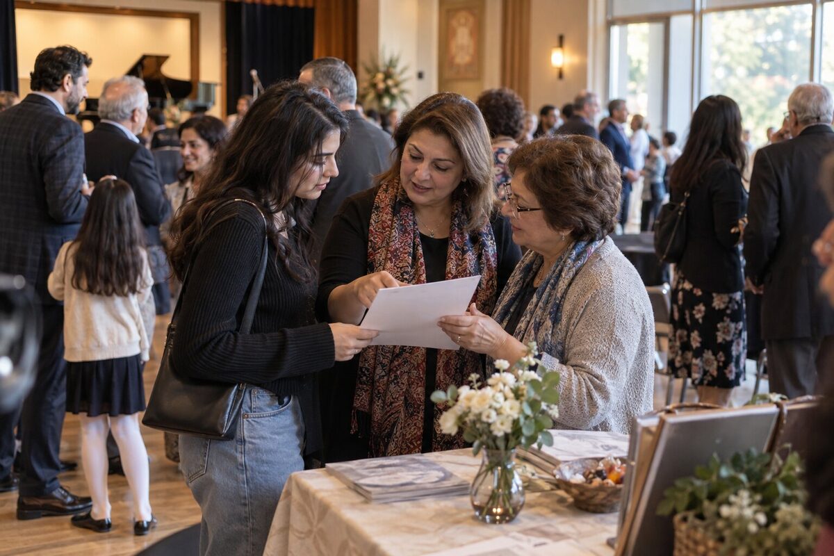 Women helping a younger guest understand a program at an Armenian community gathering