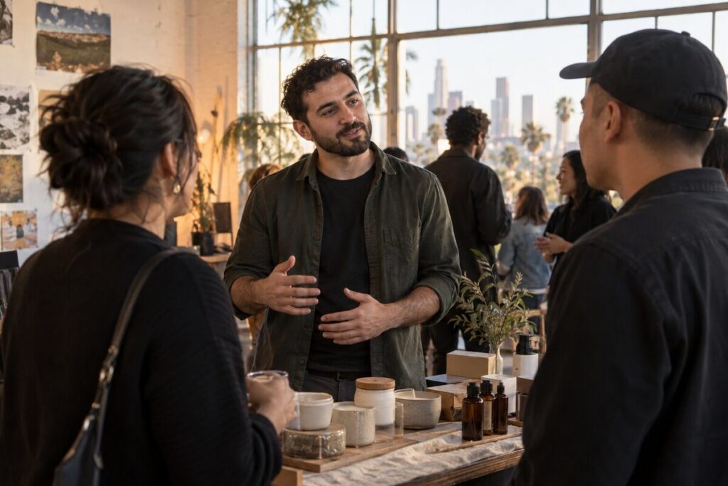 Small business owner having a natural conversation about his work at a creative mixer