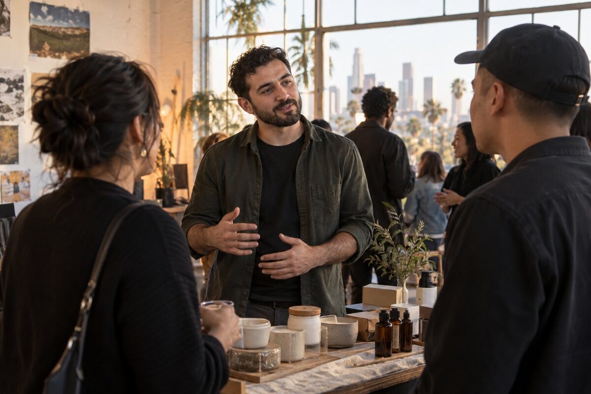 Small business owner having a natural conversation about his work at a creative mixer