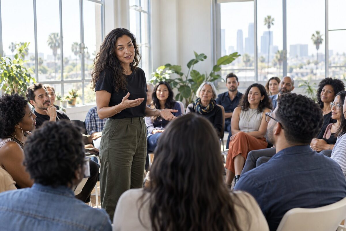 Woman speaker making conversational eye contact with people seated around a workshop room