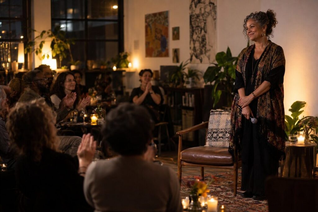 Event host calmly holding the microphone down while an audience finishes applauding