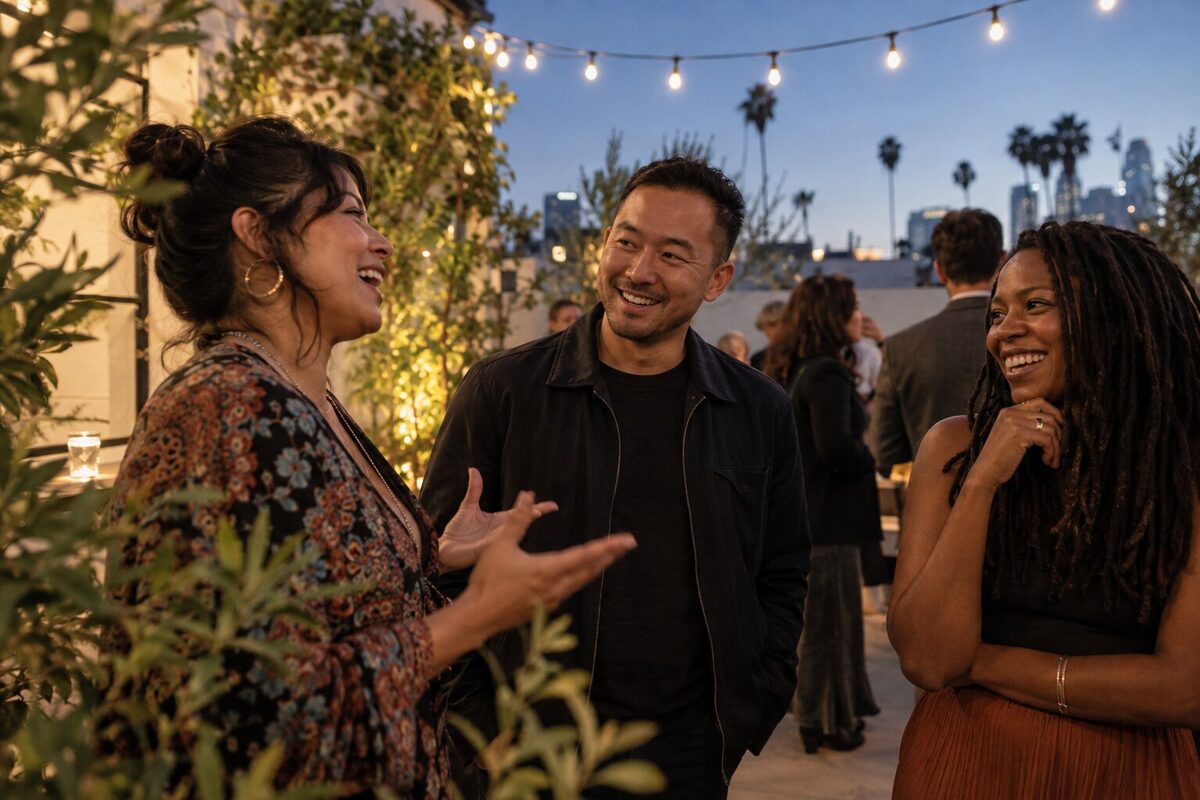Three guests sharing a relaxed conversation at an evening courtyard reception