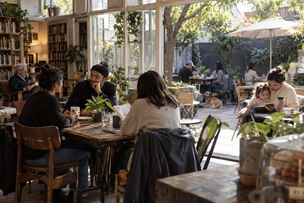 Neighbors of different ages spending time in a relaxed cafe and courtyard gathering place