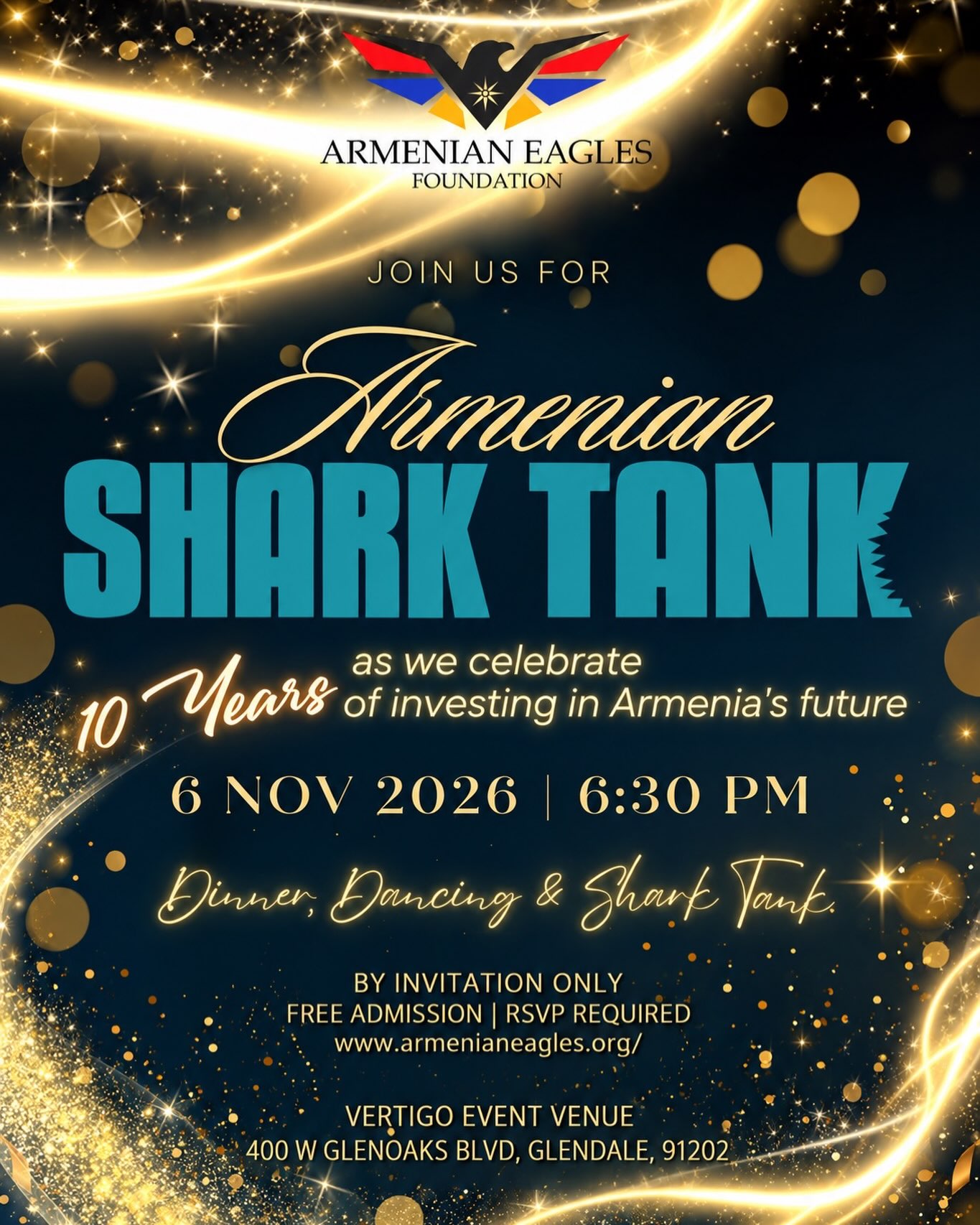 Armenian Eagles Foundation 10th anniversary Armenian Shark Tank dinner flyer for November 6, 2026 at Vertigo Event Venue in Glendale.